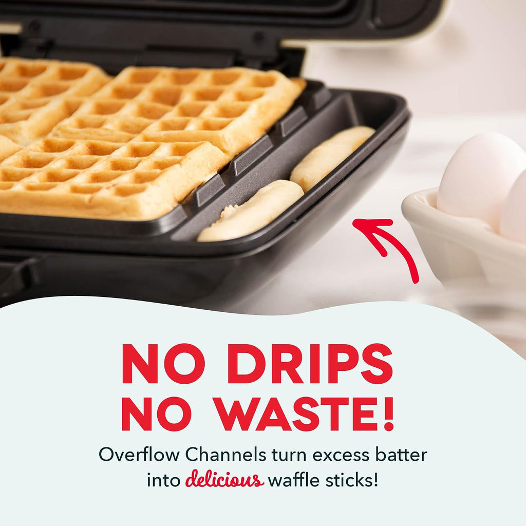 No-Drip Waffle Maker, 4 Square Mini Waffles at Once, Silver | Small Waffle Iron for Families, Kids Breakfast