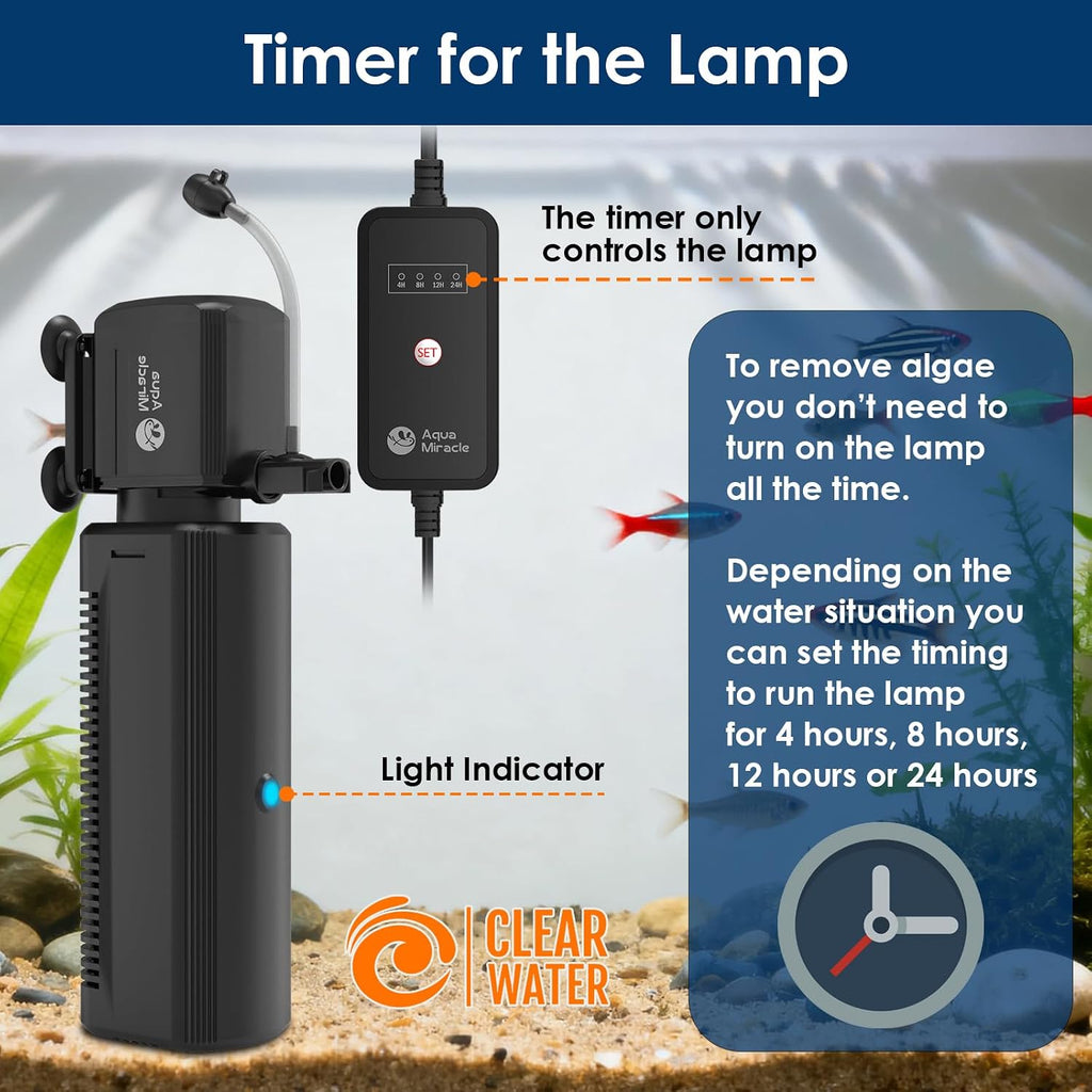 Aquarium Filter with U - V Light & Filter Sponge, Fish Tank Filter with Timer for Green Water, Turtle Filter with