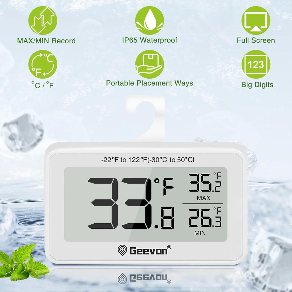 2 Pack Refrigerator Thermometer Digital Fridge Thermometer IP65 Waterproof with Large LCD Display,Max/Min Record