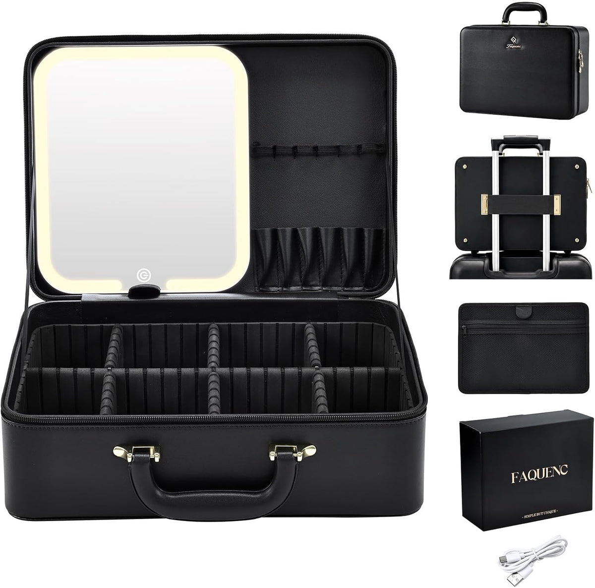 Leather Makeup Case with LED Lighted Mirror 13.58 Inch Extra Large Travel Makeup Bag Adjustable Brightness in 3