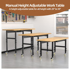 60" Adjustable Workbench with Wheels and Drawer, Solid Wood Rolling Work Bench Table with Power Outlet, Metal Tool