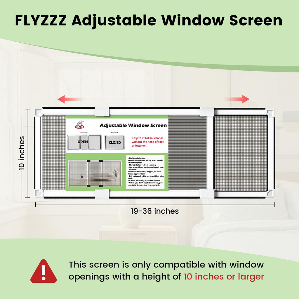 Adjustable Window Screen for Hung Windows, White Expandable Horizontal Sliding Screen, 10" H x 19-36" W with Black