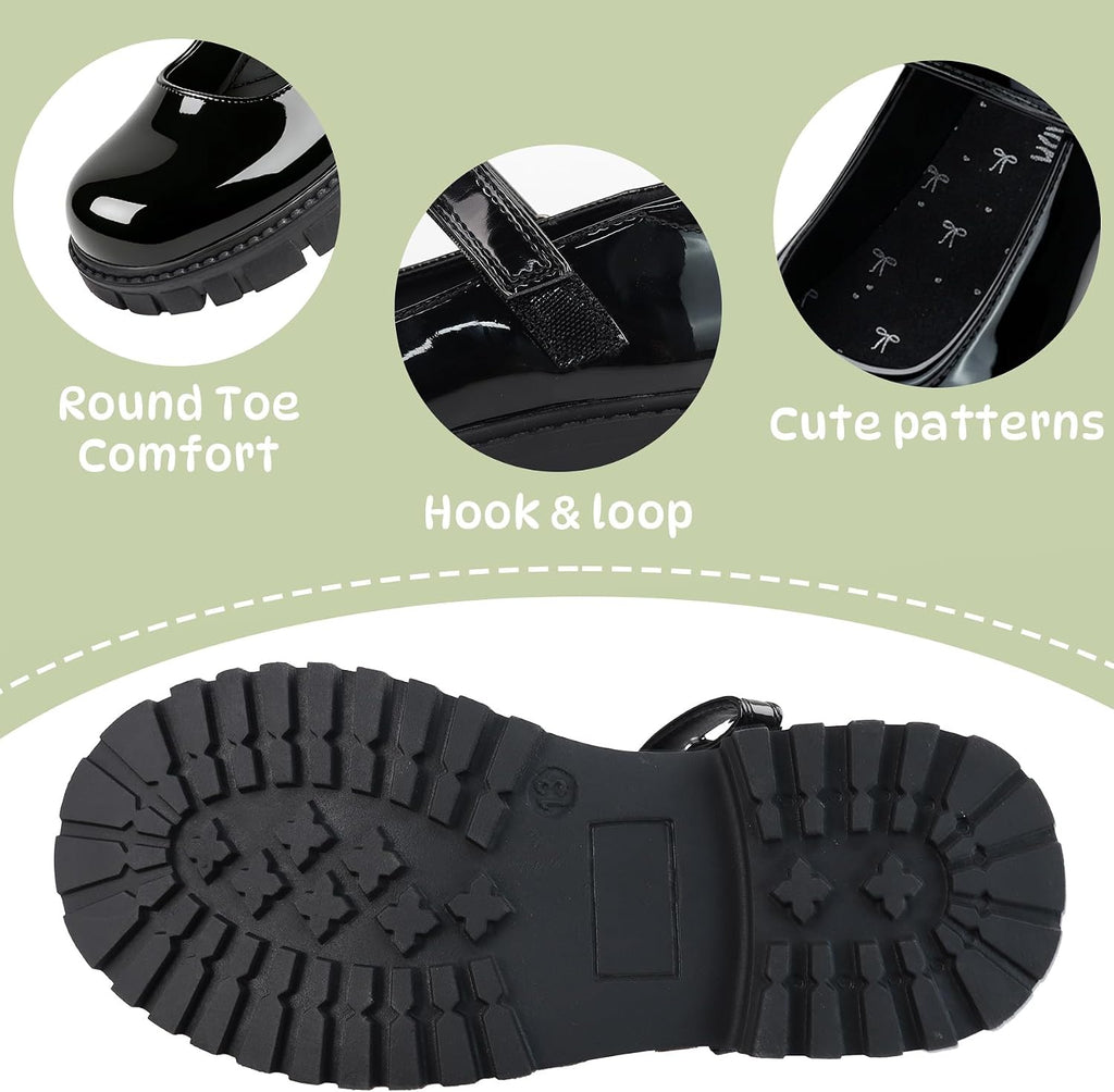 Girls School Shoes, Black Mary Jane Flats with Bow | Round Toe, Non-Slip Sole, School Uniform, Dress Outfits