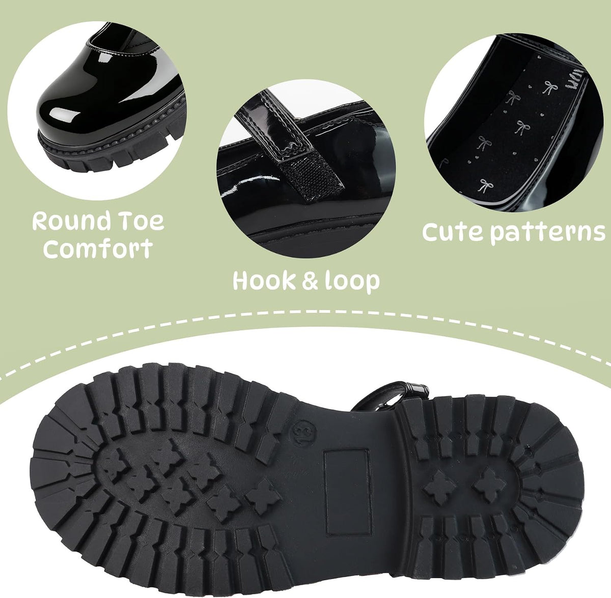 Girls School Shoes, Black Mary Jane Flats with Bow | Round Toe, Non-Slip Sole, School Uniform, Dress Outfits