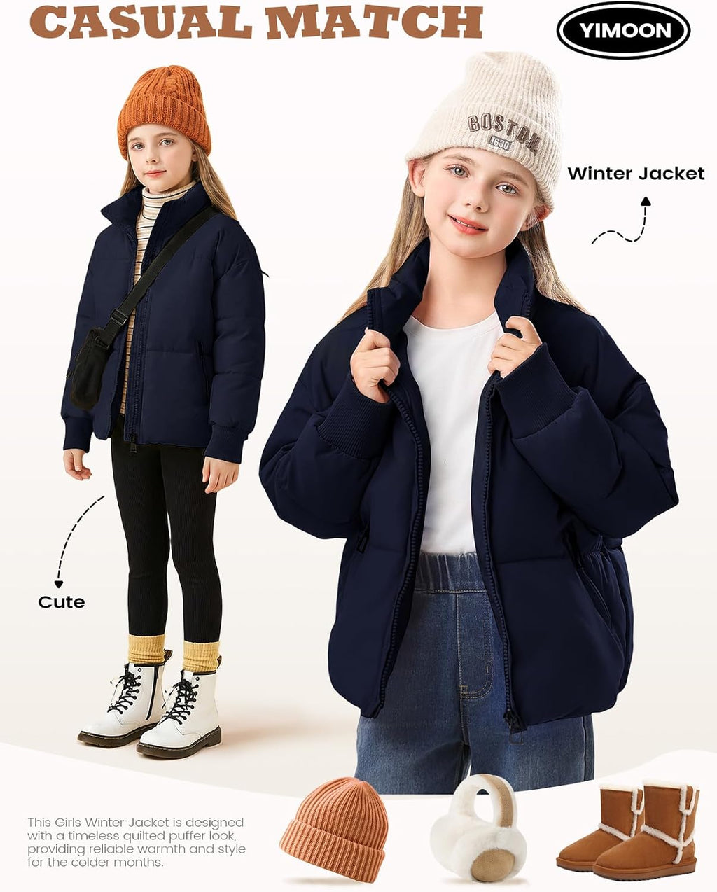 Girls Winter Puffer Jacket Kids Warm Quilted Puffer Coat | Zip Up, Stand Collar, Long Sleeve, Cropped Puffy Jacket