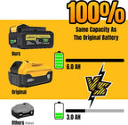 True Capacity Replacement Battery Compatible with Dewalt 20V Max Tool, Automotive Grade Lithium Ion Cells, V0 Highest Grade Fireproof Case, Longer Runtime - 6.0AH, 2 Pack