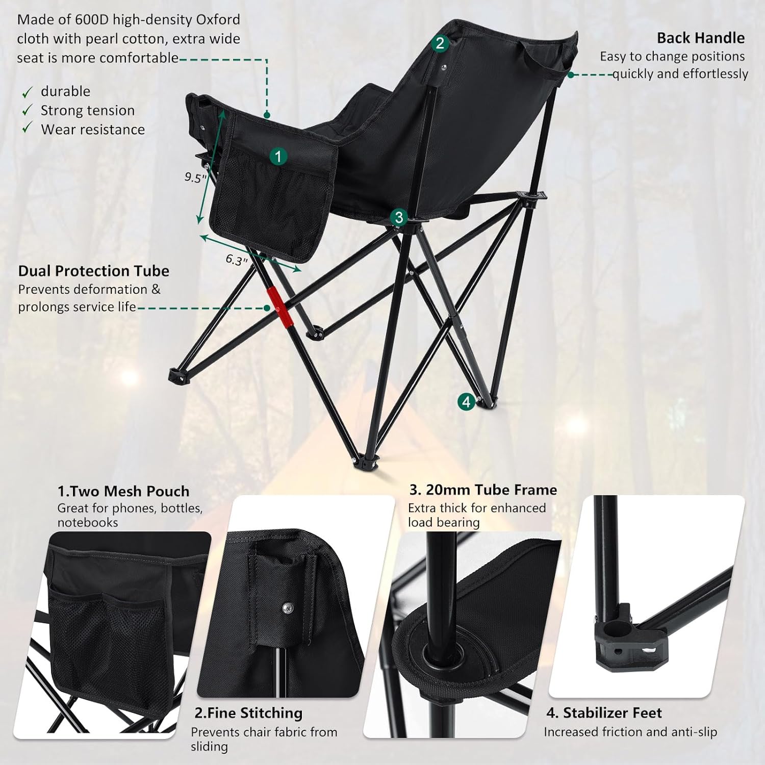 Camping Chairs for Adults, 2 Pack Folding Lawn Chair & Table, Black | Oversized & Portable Beach Chair for Outdoor
