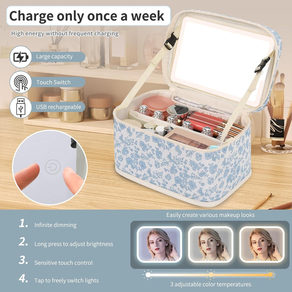 Makeup Bag With LED Mirror, Lightweight Travel Makeup Bag With 3 Color Setting Light Up Mirror Cosmetic Makeup
