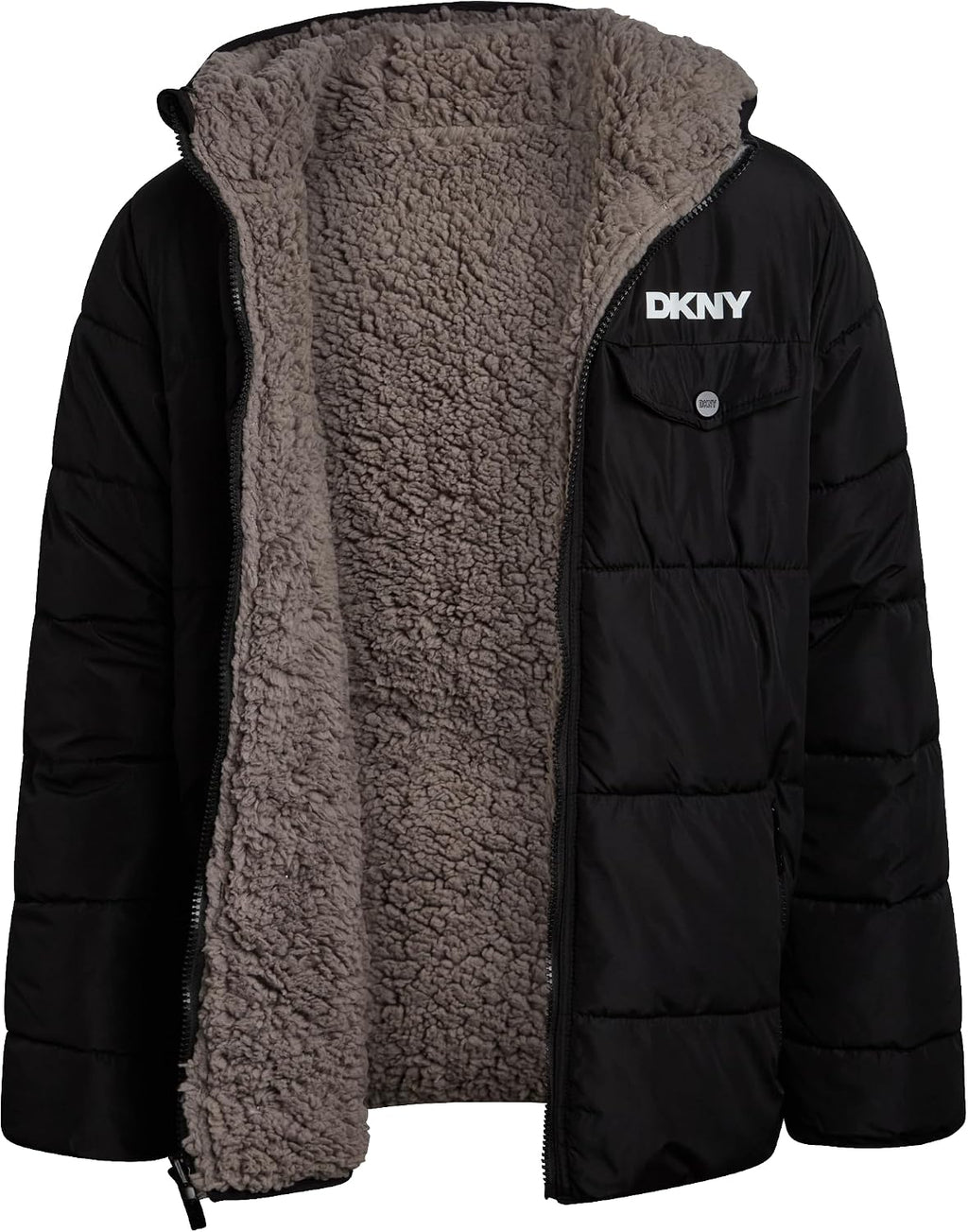 DKNY Boys Reversible Zip Up Puffer Jacket Sherpa Lined Hooded Winter Coat | Two Looks in One Reversible Design, Cozy