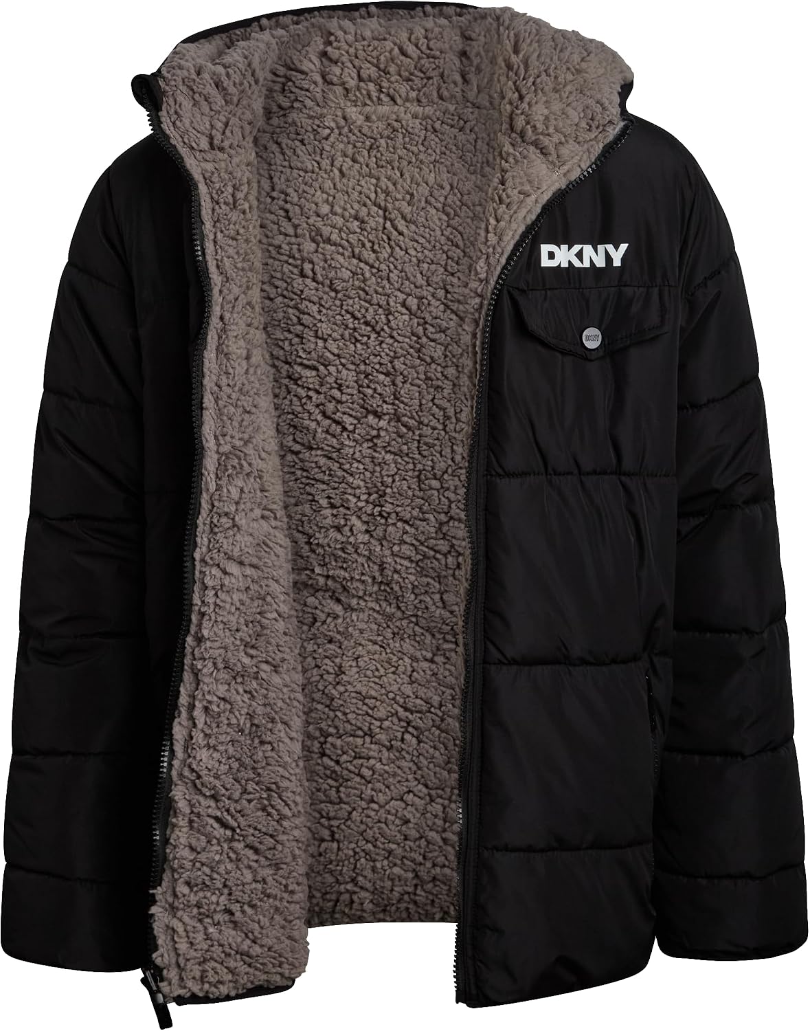 DKNY Boys Reversible Zip Up Puffer Jacket Sherpa Lined Hooded Winter Coat | Two Looks in One Reversible Design, Cozy