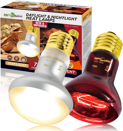 75W Reptile Heat Lamp Bulb, 2PCS Day & Night Basking Spot Light Combo Pack Includes Infrared Heat Lamp and UVA
