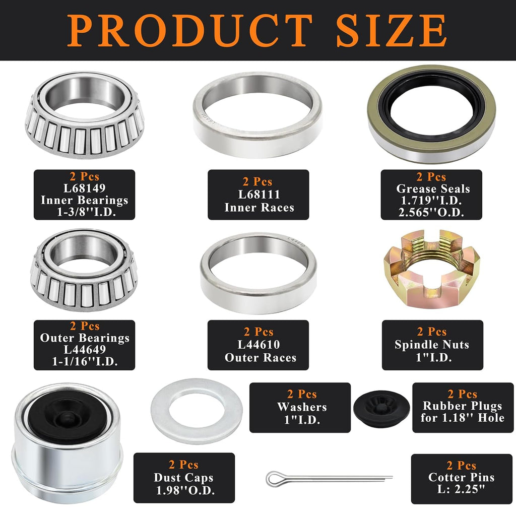 2 Sets Trailer Bearing Kit 3500 lb Boat Trailer Axle Bearing Kits L68149 L44649 Bearing Kits, with 171255TB Grease