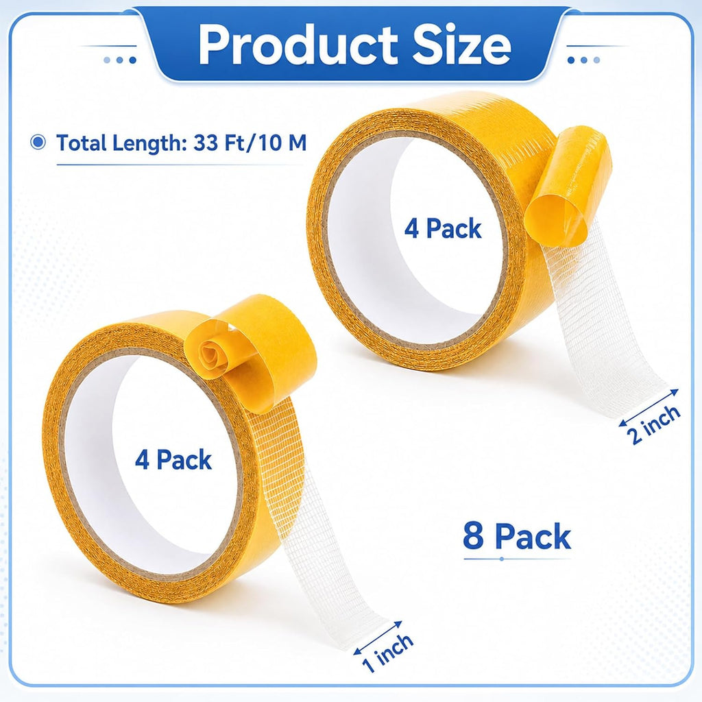 8 Rolls Double Sided Fabric Tape 1&2 Inch Heavy Duty Carpet Hem Tape