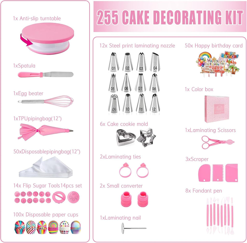Cake Decorating Supplies Kit Tools 255pcs, Cake Decorating Set with Cake Turntable, 12 Numbered Icing Piping Tips