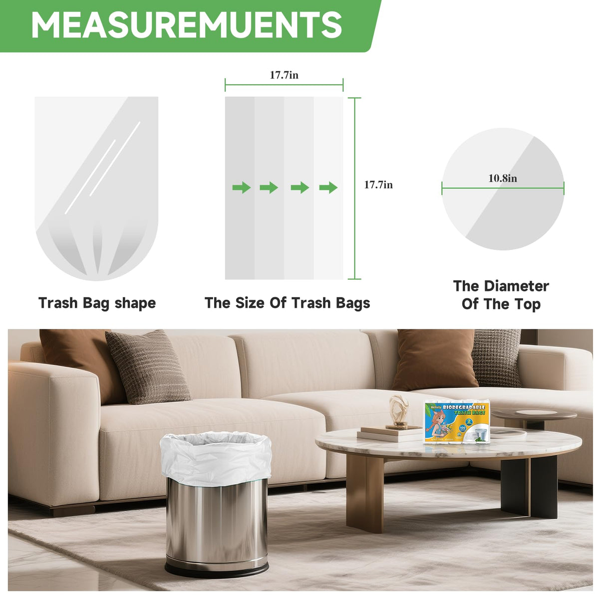 Small Compostable Trash Bags 2.6 Gallon - 100 Count Unscented Biodegradable Garbage Bag Bulk Clear White Durable