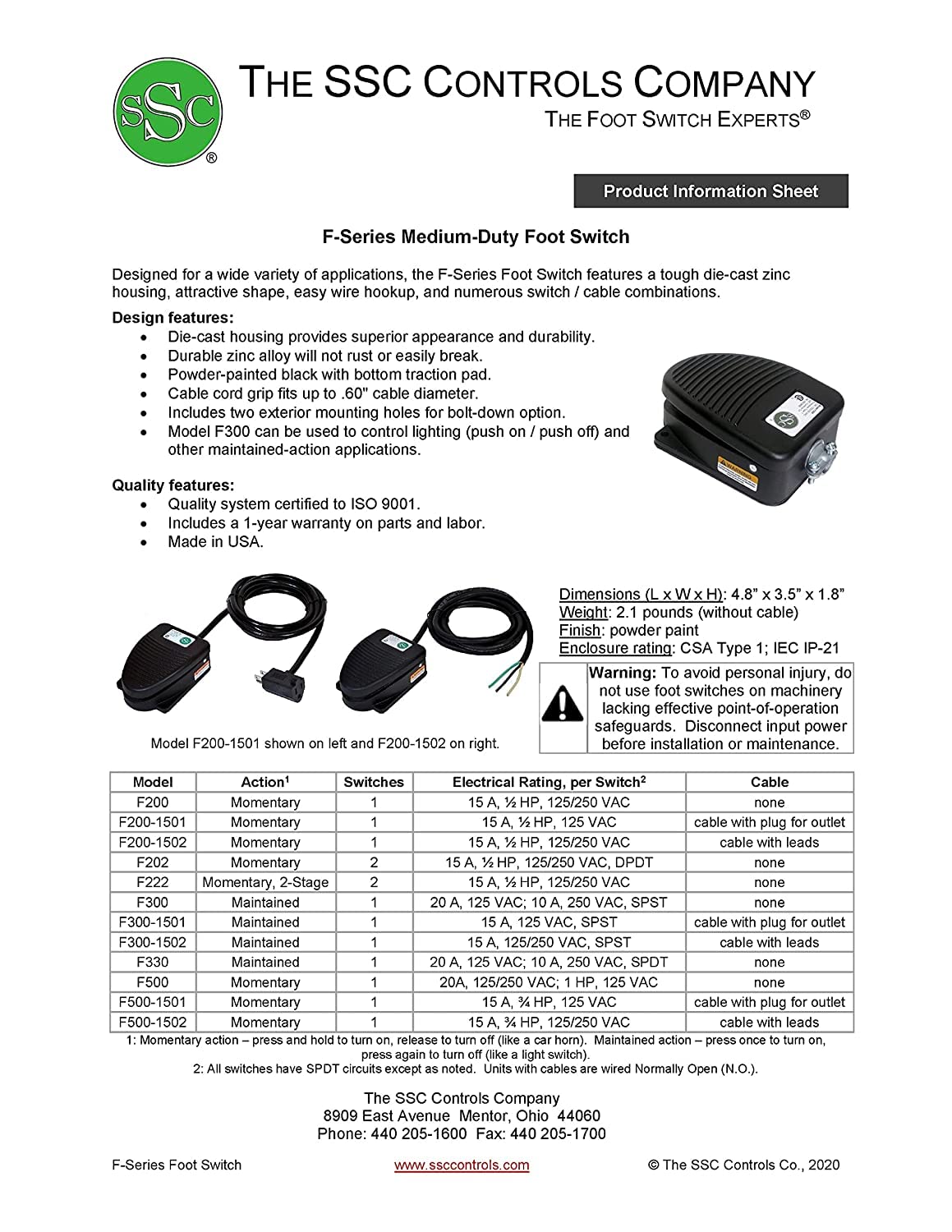 F222 Foot Switch, Momentary Action, Two Switch, Two Stage, 15 Amp, Die-Cast, Electrical, Single Pedal, Cross