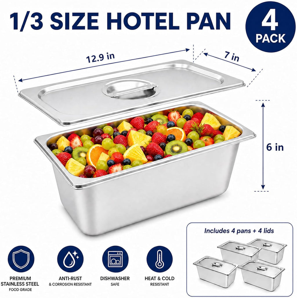 Hotel Pans with Lids,4 Pack 1/3 Size 6"Deep Stainless Steel Steam Table Pan