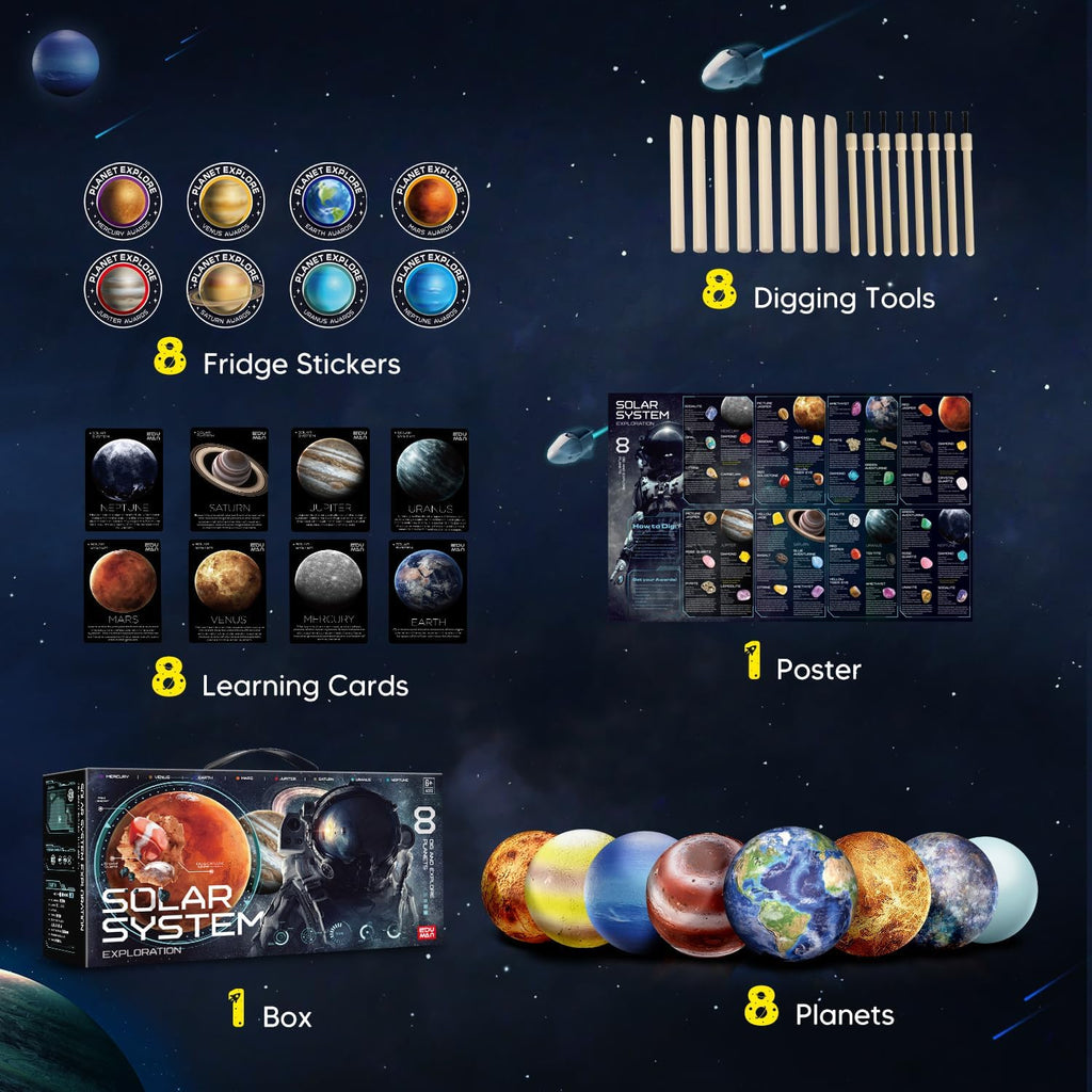 Gemstone Dig Kit - 40 Real Gems & Crystals, STEM Toy for Kids 6+ | 8 Planets Solar System Digging Kit, Mining Tools &