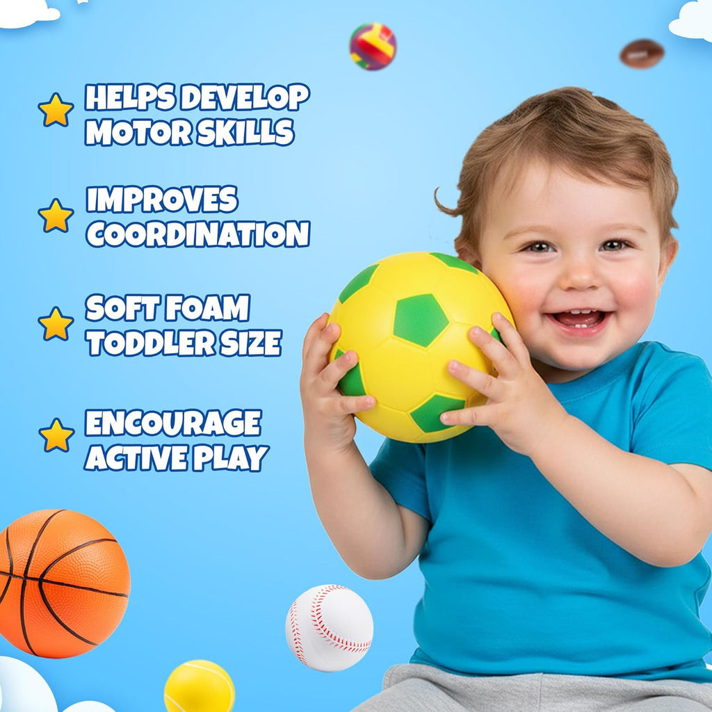 Soft Sports Balls for Toddlers (6-Pack) Foam Ball Set for Kids Ages 1-3 | Foam Soccer, Basketball, Football