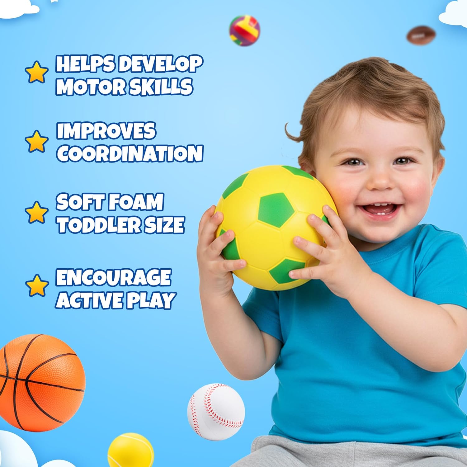 Soft Sports Balls for Toddlers (6-Pack) Foam Ball Set for Kids Ages 1-3 | Foam Soccer, Basketball, Football