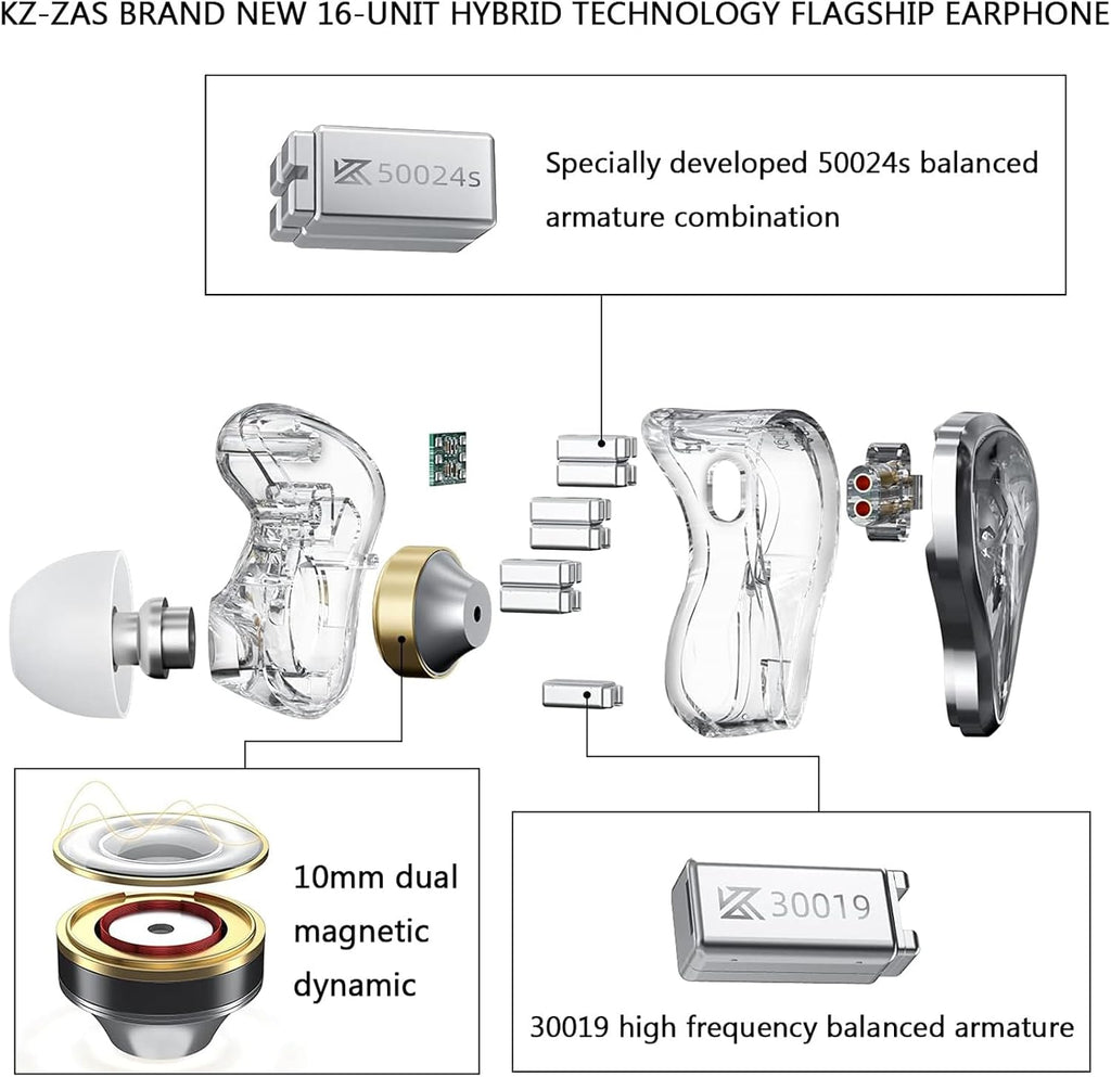 KZ ZAS in Ear Monitor Headphones 16 Units 7BA 1DD Hybrid Drivers HiFi IEM Earphones High Clarity Wired Earbuds for