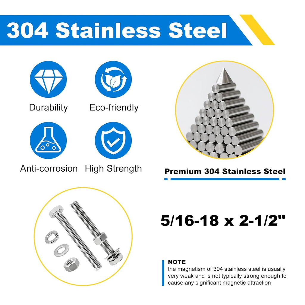 5/16-18 x 2-1/2" Hex Bolt Set with Nuts, Flat & Lock Washers - 304 SS