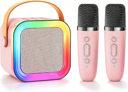 Mini Kids Karaoke Machine Toy Ages 3-12, 2 Wireless Mics Bluetooth Speaker | LED Party Lights, Voice Changer, Duets