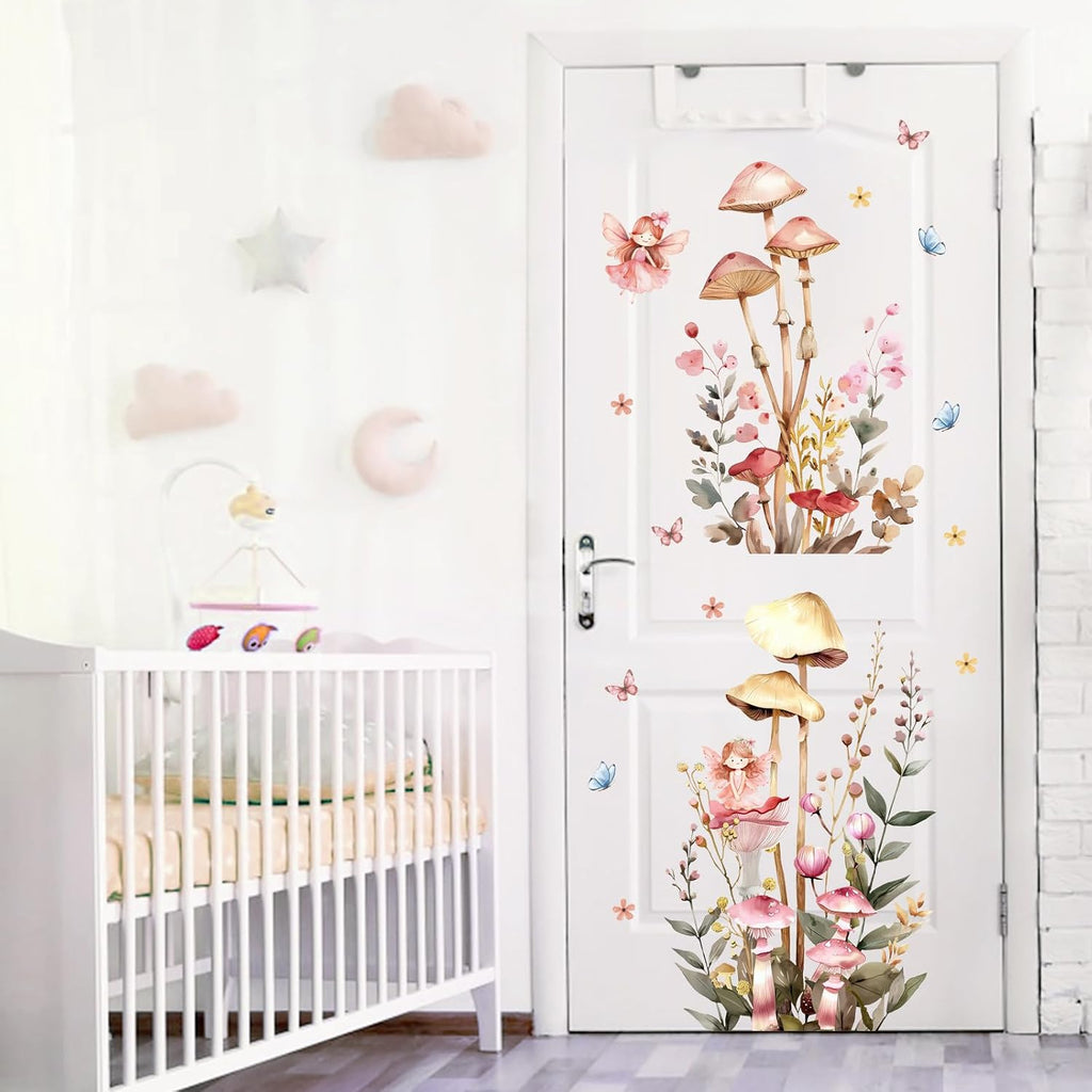 Fairy Mushroom Wall Decals for Nursery, Watercolor Floral Wall Stickers | with Butterflies and Flowers, Peel and
