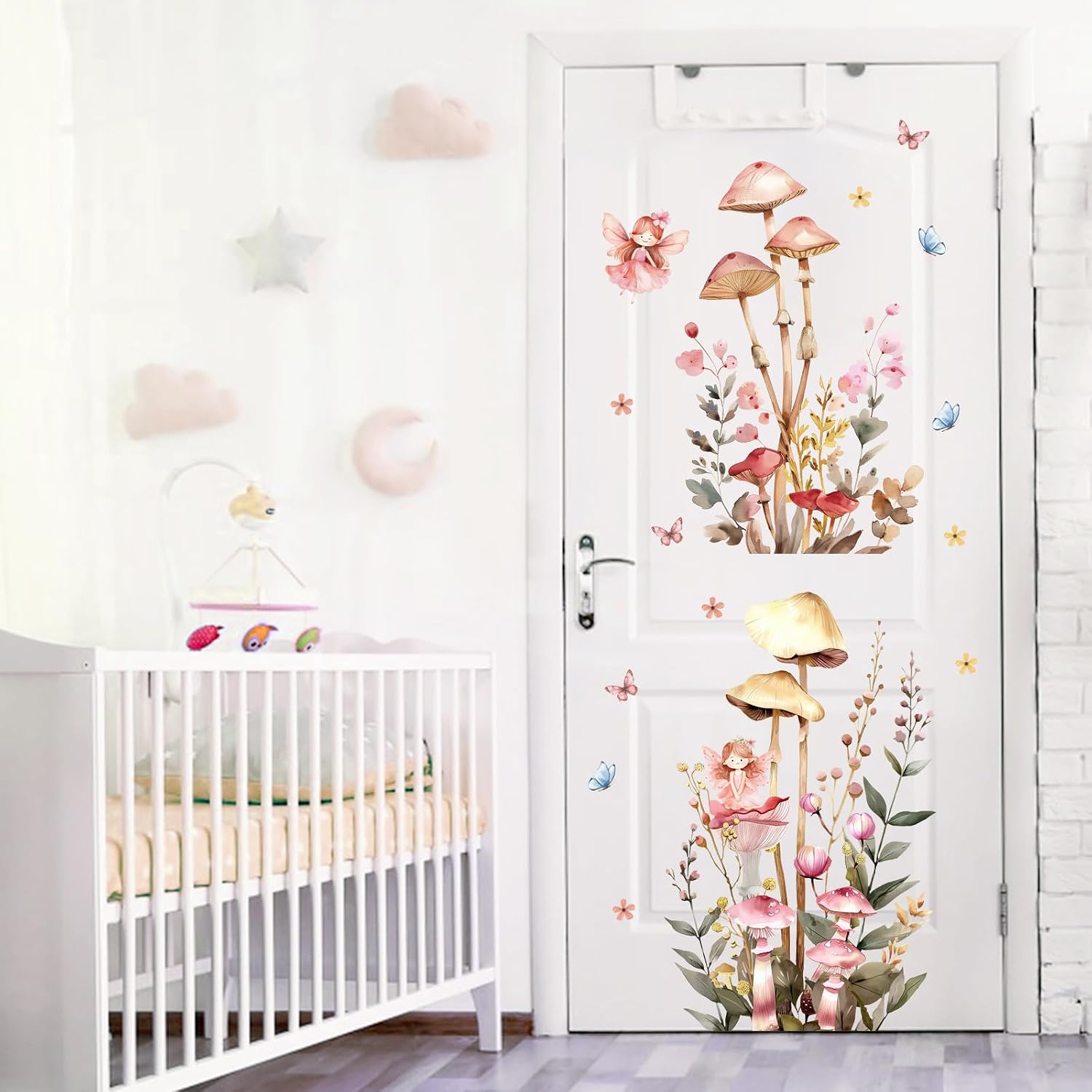 Fairy Mushroom Wall Decals for Nursery, Watercolor Floral Wall Stickers | with Butterflies and Flowers, Peel and
