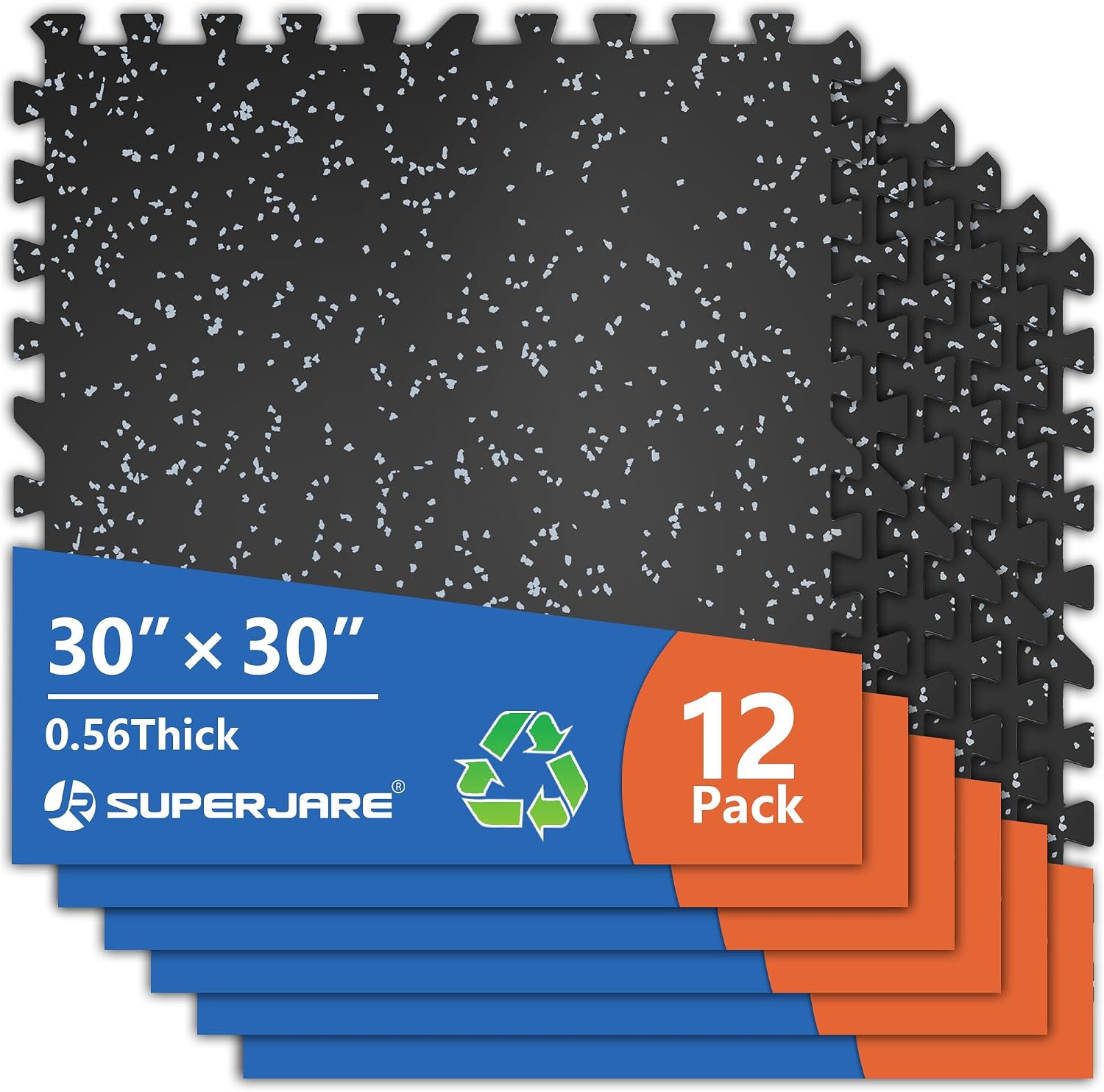 30" x 30" Larger Rubber Top Exercise Equipment Mats, 0.56" Thick 12PCS 75 Sq Ft High-Density EVA Foam Interlocking