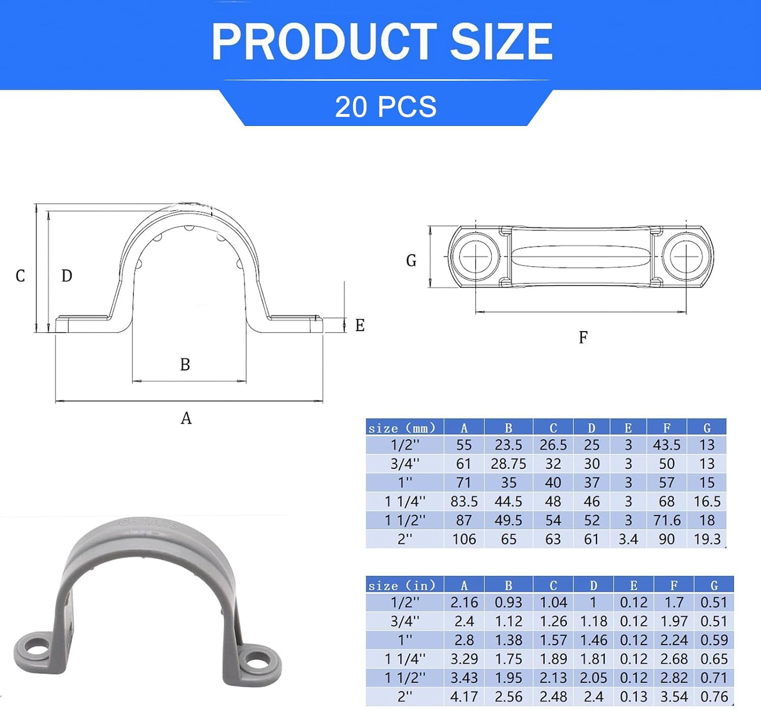 1/2 Inch PVC Pipe Strap, 2-Holes Conduit Pipe Clamps Plastic Pipe Supports (Grey, 20 Pcs)