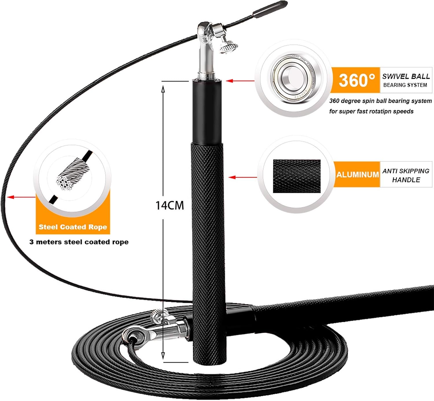Speed Jump Rope - 360° Swivel Ball Bearing - Adjustable steel coated rope-Aluminum Anti Skipping Handle -Fitness