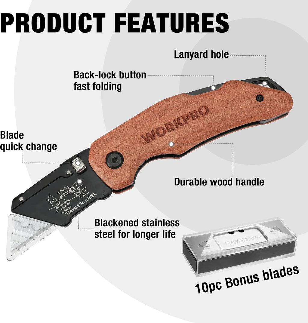Folding Utility Knife with Stainless Steel Head, Quick-change Blade & Back Lock, Wood Handle Heavy Duty Box Cutter