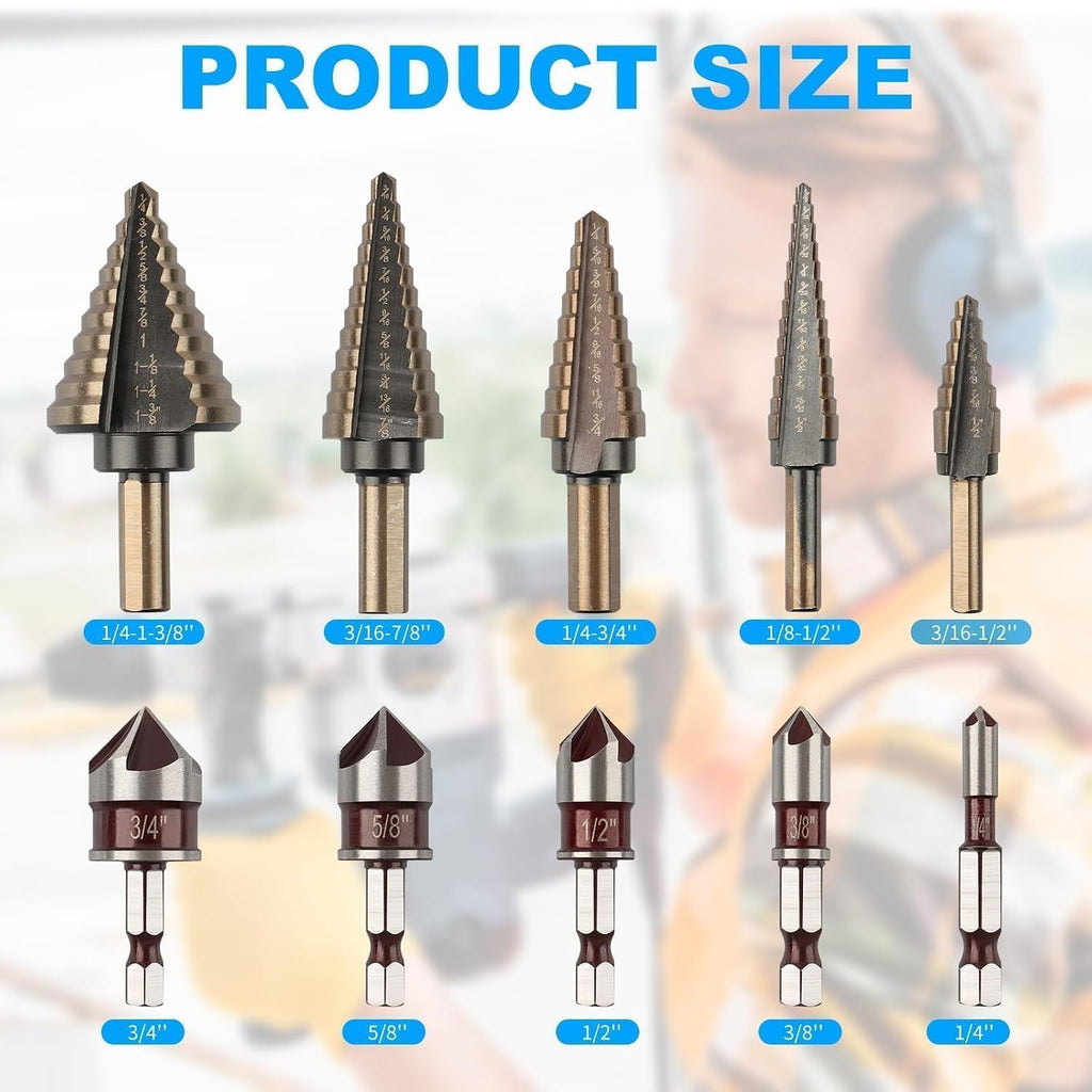 Rocaris 5 Pack Step Drill Bit & 5 Pack Countersink Drill Bit Set with Case