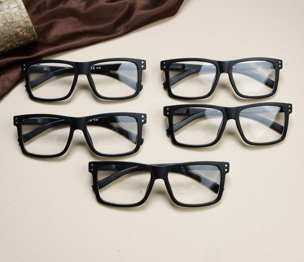 5-pack Oversized Reading Glasses Square Large Frame Readers for Men and Women - Black +2.00