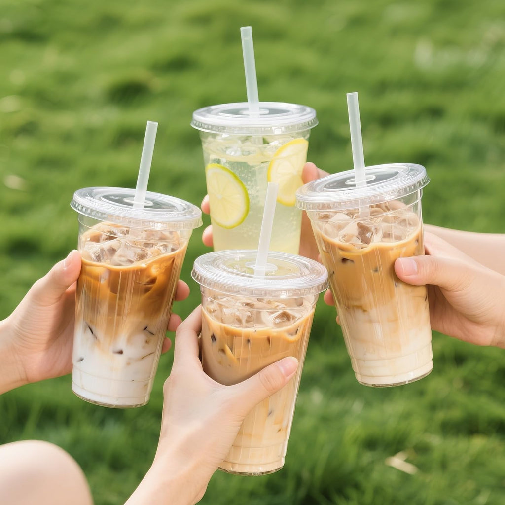32 oz Clear Plastic Cups with Lids and Jumbo Straws