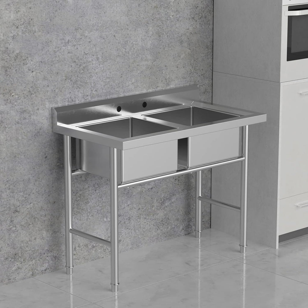 Commercial 304 Stainless Steel Sink 2 Compartment Free Standing Utility Sink for Garage, Restaurant, Kitchen, Laundry