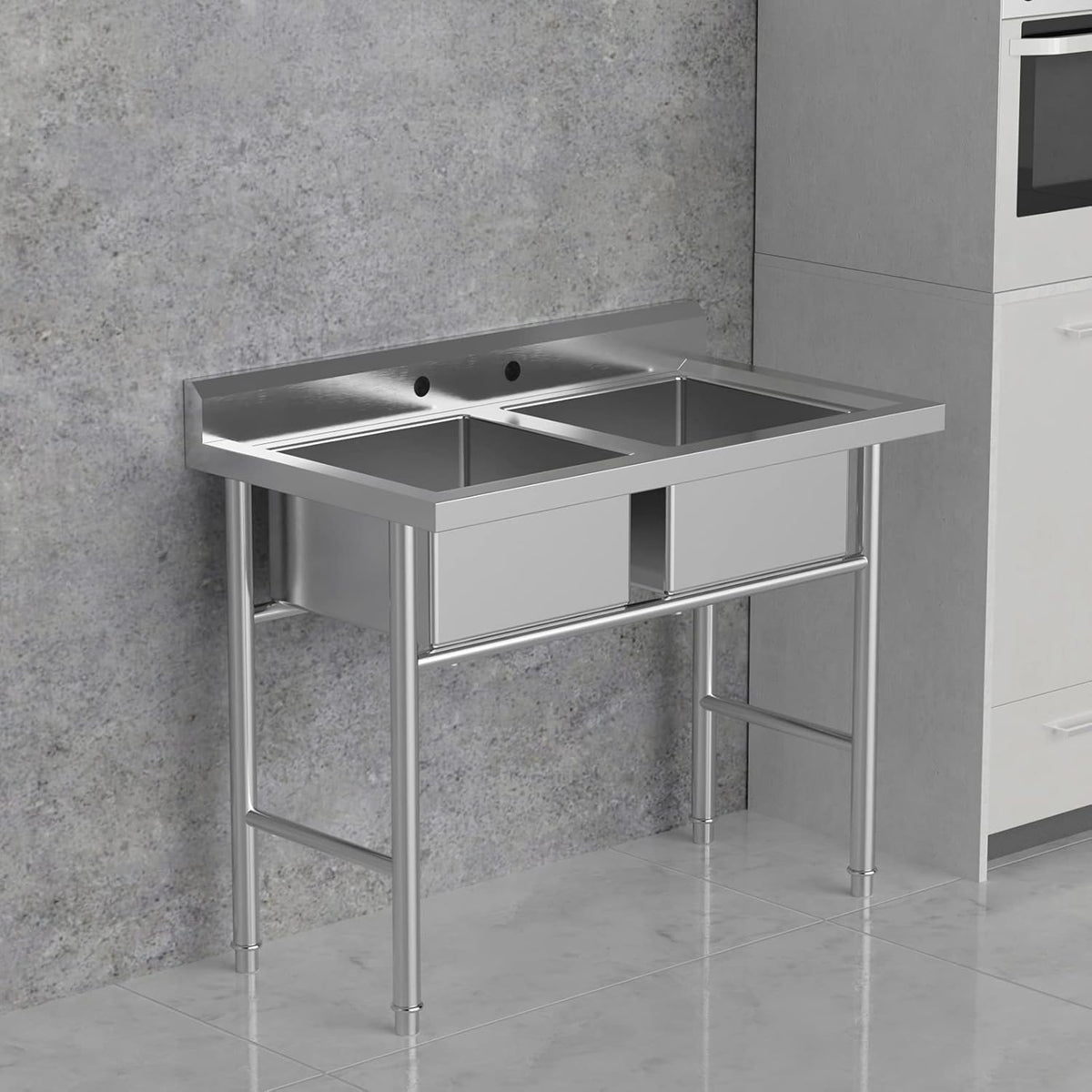 Commercial 304 Stainless Steel Sink 2 Compartment Free Standing Utility Sink for Garage, Restaurant, Kitchen, Laundry
