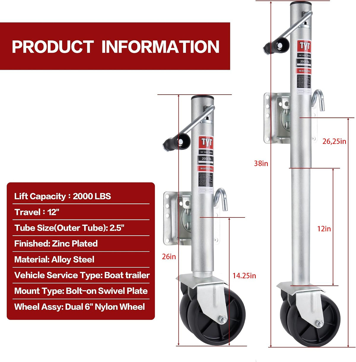 2000 lbs Boat Trailer Jack with Wheel, Heavy Duty Marine Swivel Trailer Jack with 6 Inch Dual Wheels, 12 inches Lift