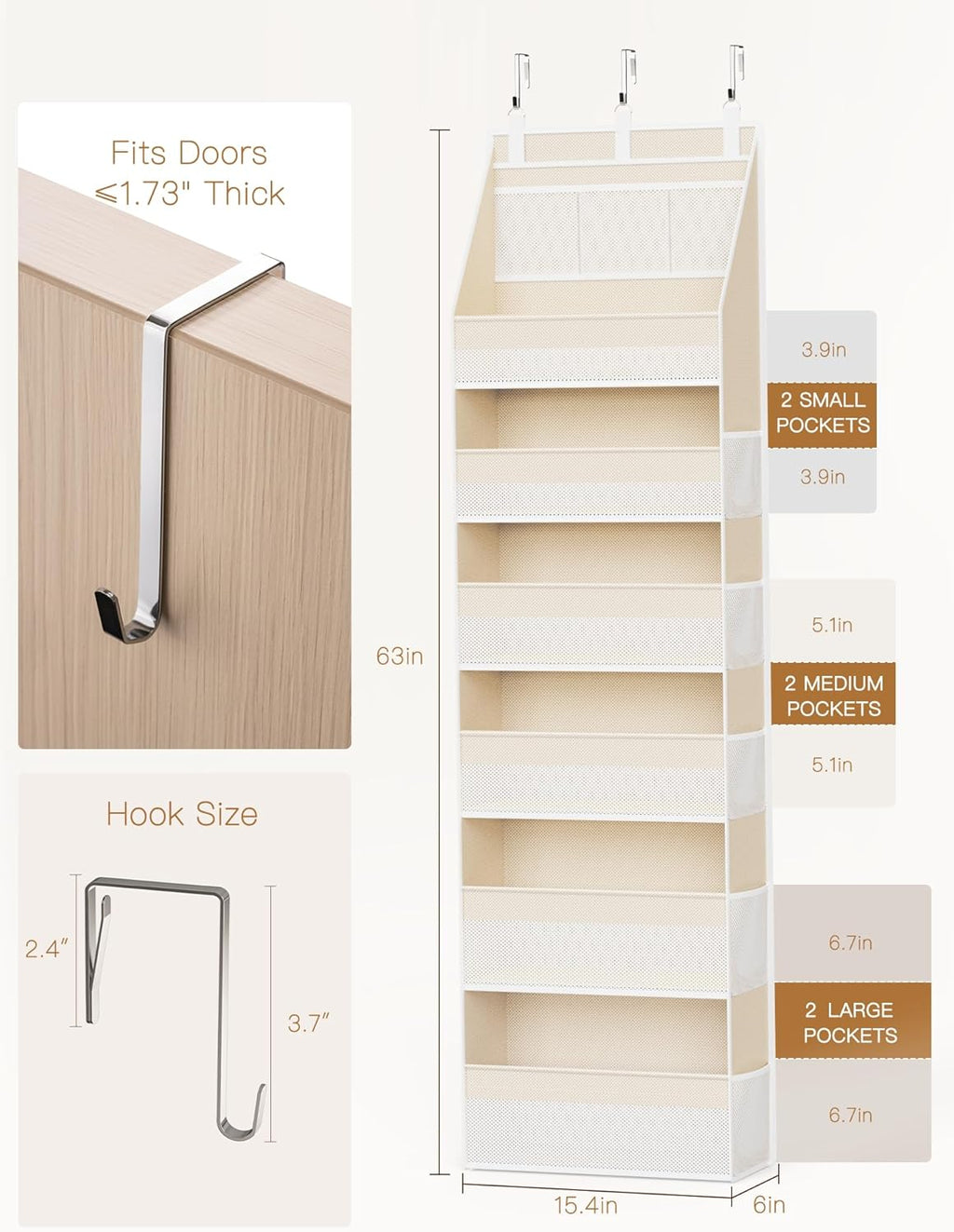 Over the Door Organizer, 6-Shelf Closet Hanging Storage with 13 Mesh Pockets, 55lbs Capacity Behind the Door Storage