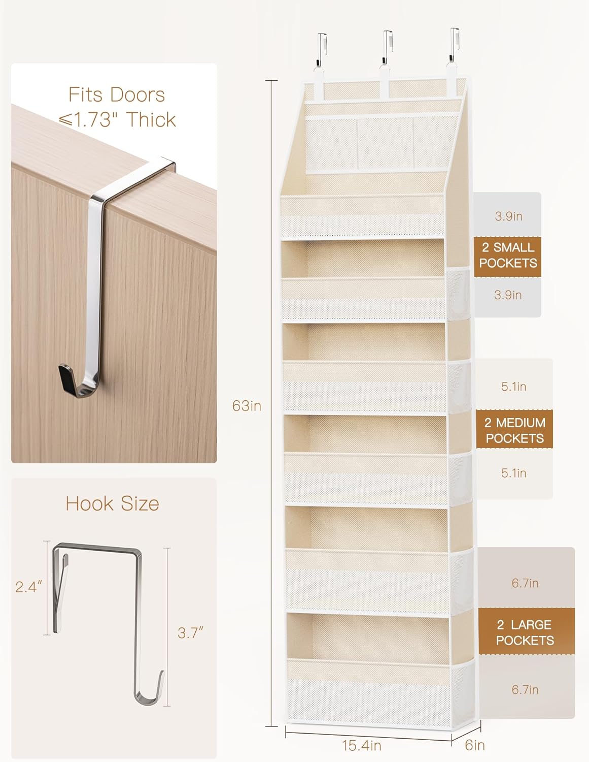 Over the Door Organizer, 6-Shelf Closet Hanging Storage with 13 Mesh Pockets, 55lbs Capacity Behind the Door Storage