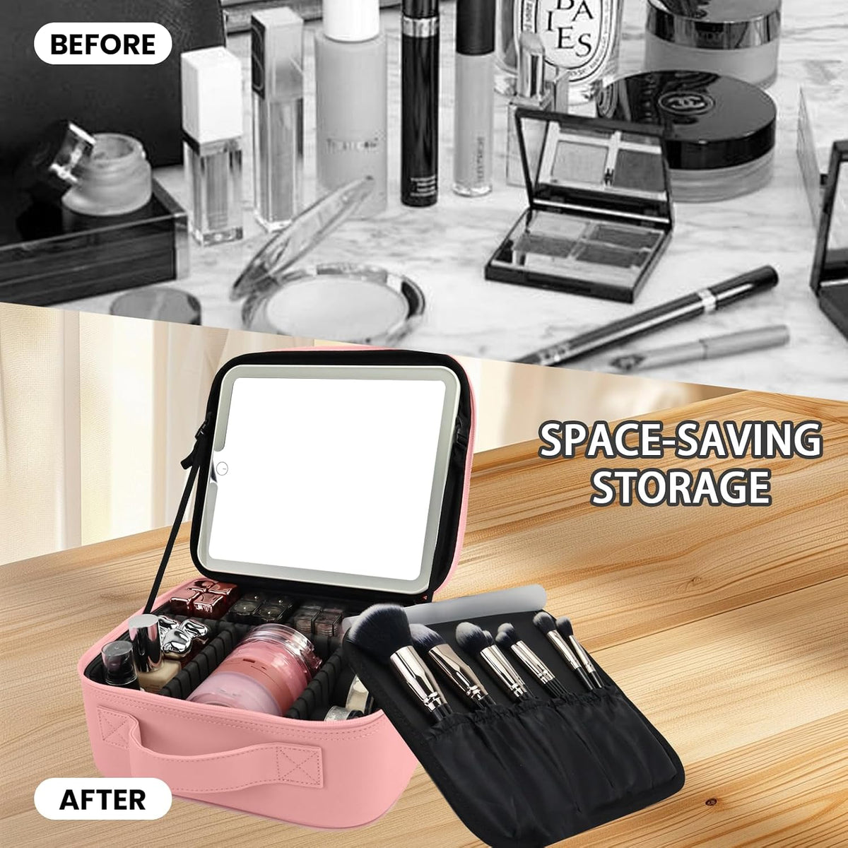 Makeup Bag with Mirror,Portability Cosmetic Case Portable Cosmetic Brush Organizer Bag with Adjustable Dividers,Gift