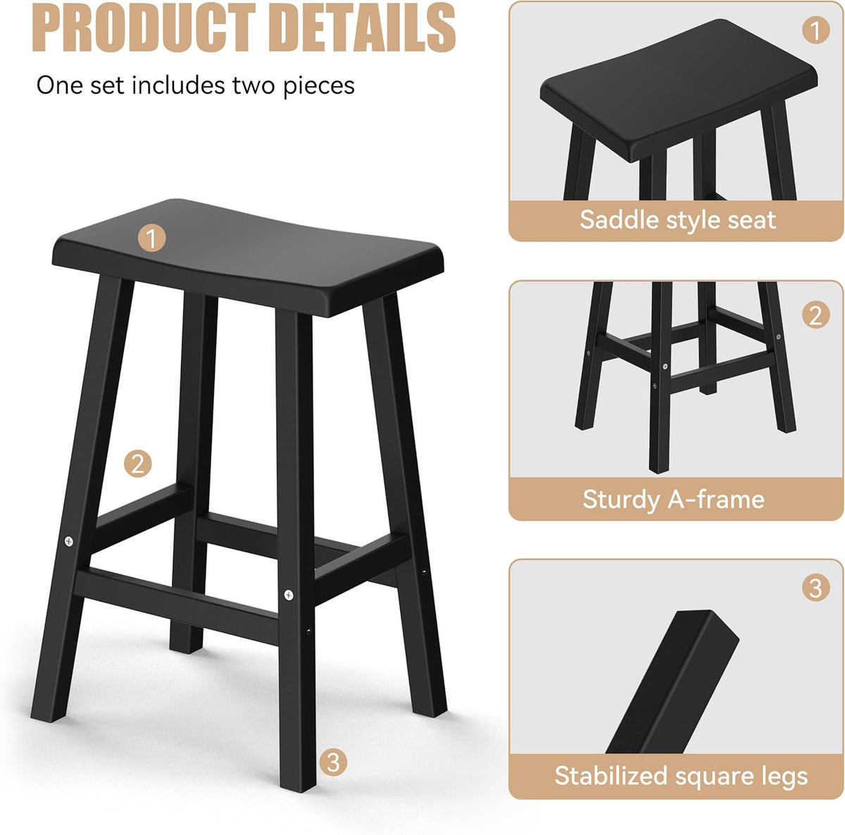 Bar Stools, 24", Black, Set of 2