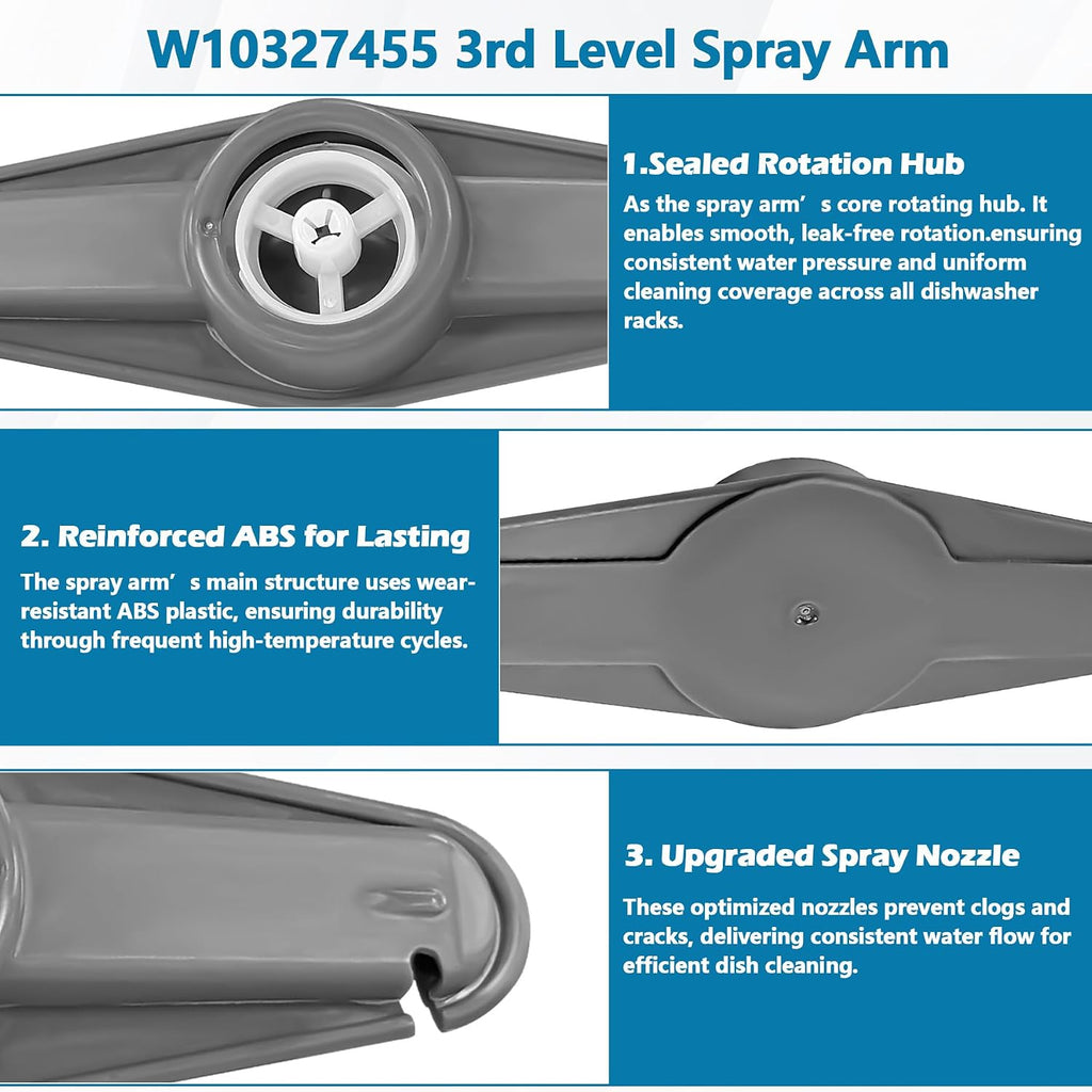 W10327455 WPW10327455 Dishwasher Upper Spray Arm Compatible with Whirlpool Kenmore Kitchen Aid Maytag Dishwasher Replaces AP6019626 1937861 PS11752935 WDT730PAHZ0 WDT970SAHZ0 WDT750SAHZ0 WDTA50SAHZ0