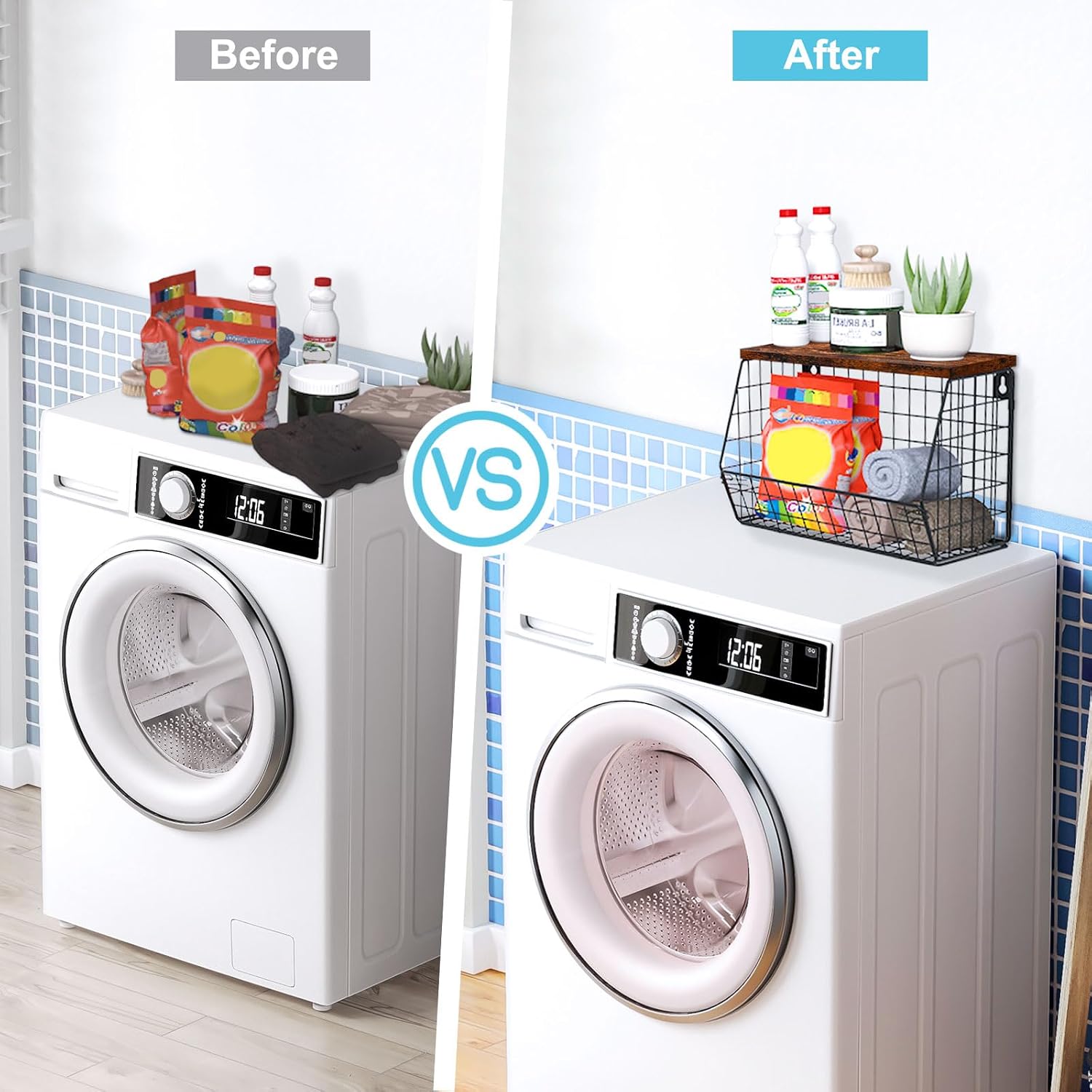 Laundry Room Shelves, Wall Mounted Storage Basket, 11.8"Wx7.9"Dx8.5"H | Stackable Wire Wall Shelves Organizer for