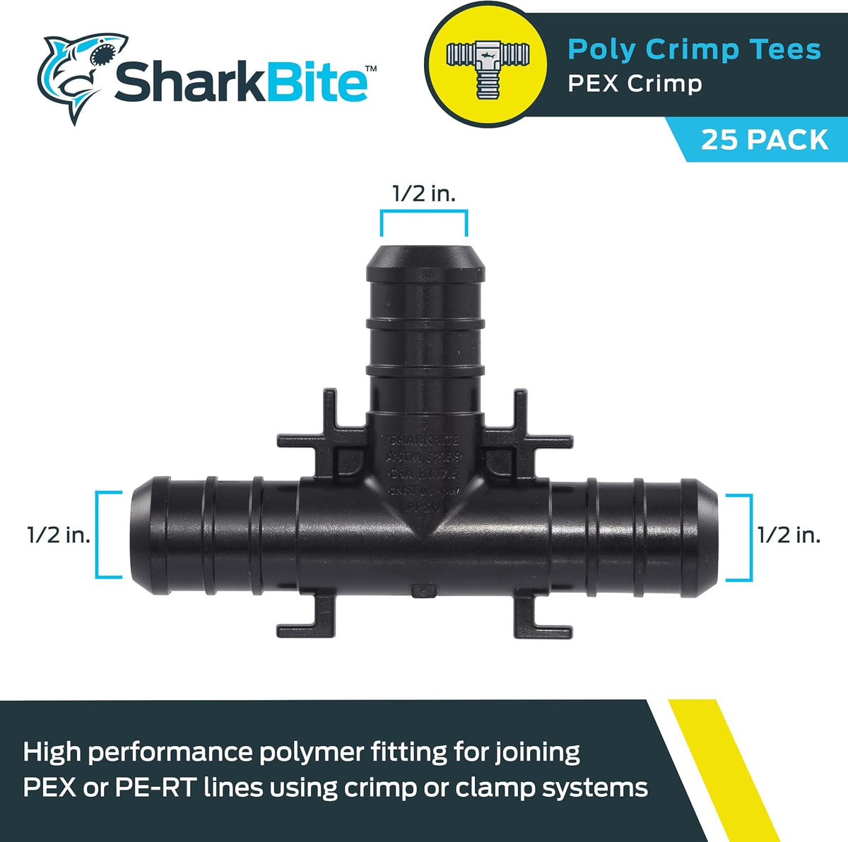 SharkBite 1/2 Inch Poly Crimp Tee, Pack of 25, PEX Pipe, PE-RT, UP362