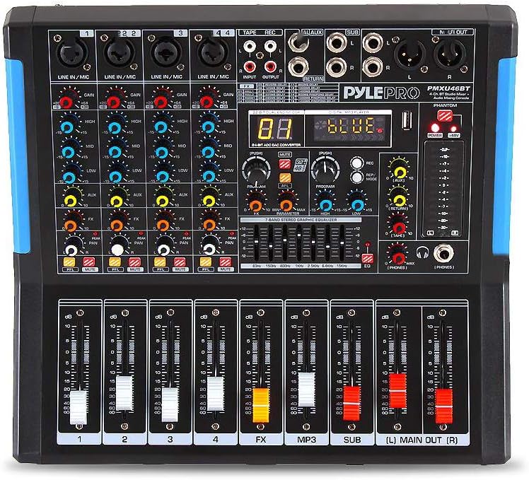 4-Channel Bluetooth Studio Audio Mixer-DJ Sound Controller Interface with USB Drive for PC Recording Input, XLR
