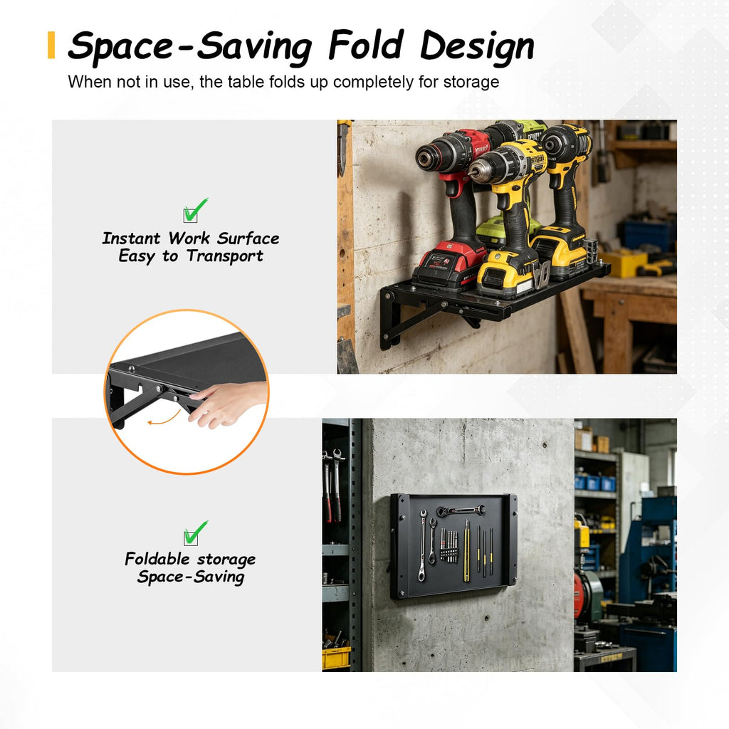 Wall-Mounted Folding Metal Workbench with Magnetic Tool Tray