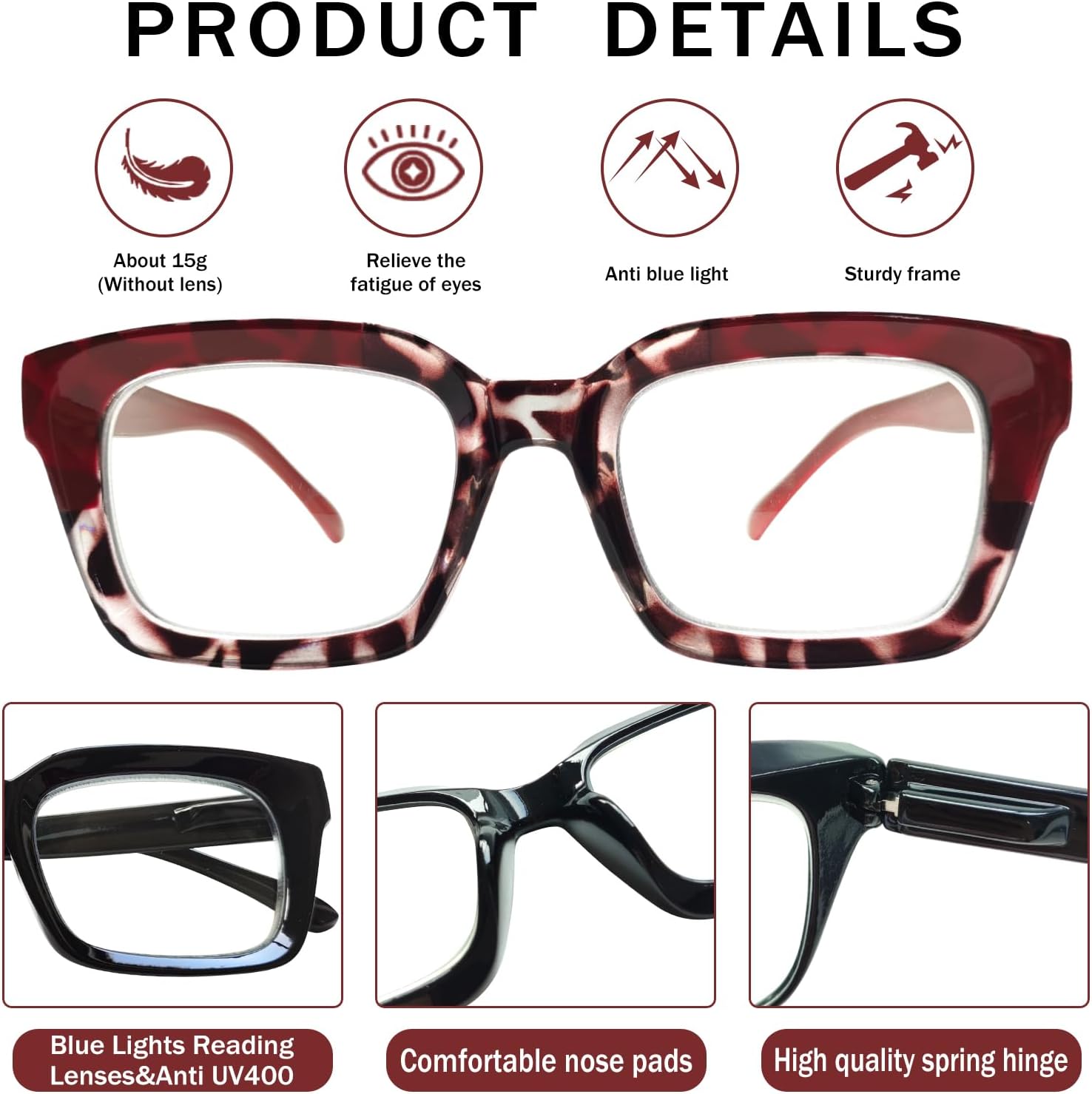 3 Pack Reading Glasses Blue Light Blocking Computer Spring Hinge Readers for Women Men