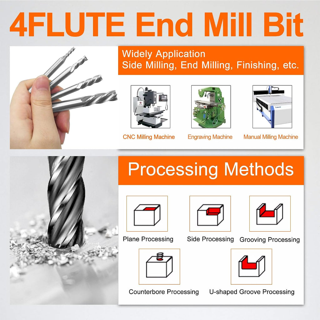 8Pcs 4-Flute Straight End Mill Set,1/8"-1/2" CNC Milling Cutter Drill Bits
